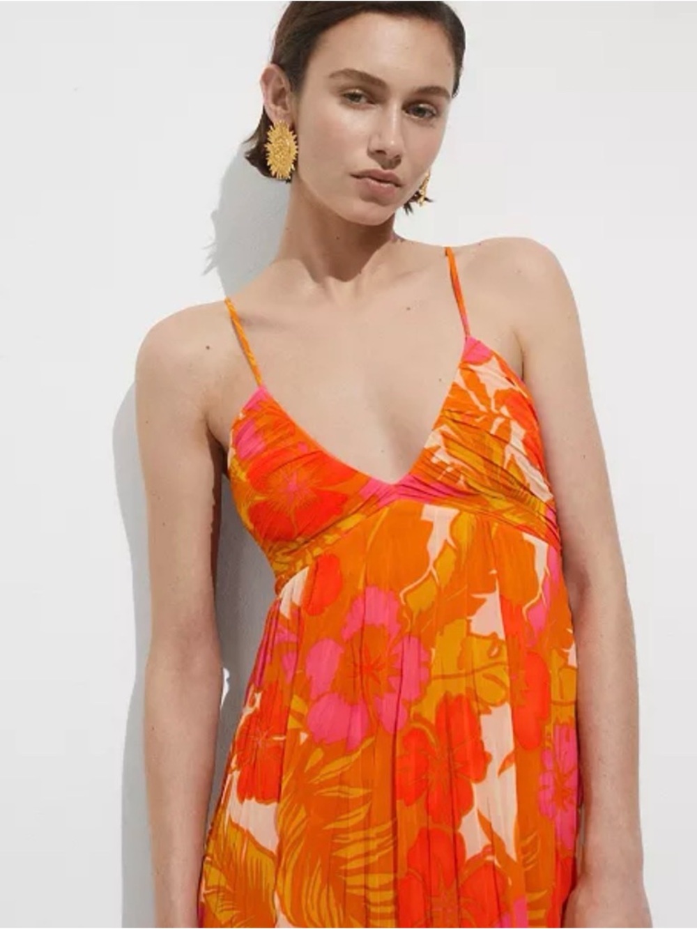 Mango Women’s Vibrant Orange Pink Floral V neck Midi Slip Summer Dress Size 2 XS